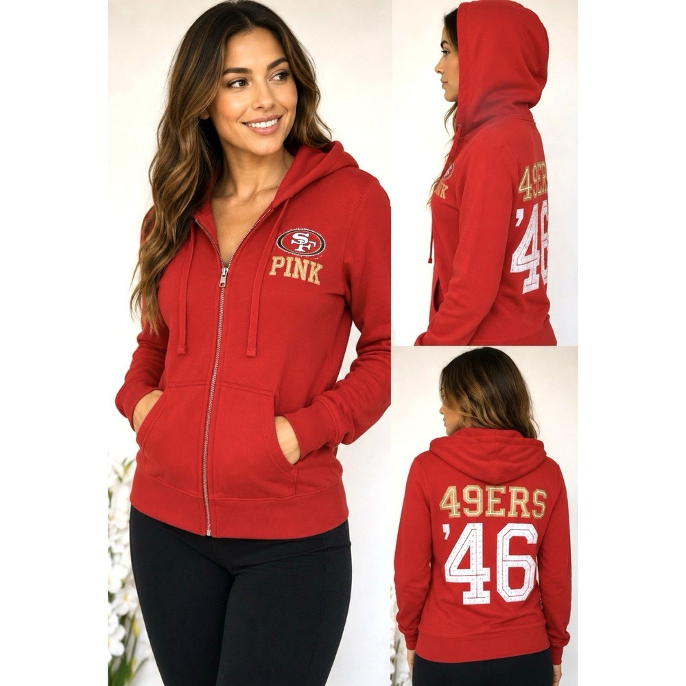 Victoria's Secret PINK NFL San Francisco 49ers Hoodie Zip Jacket Bling Red SZ S
